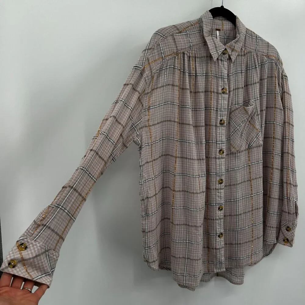 FREE PEOPLE Pink Rose Gold Metallic Plaid Oversized Gauzy Button Up Shirt XS